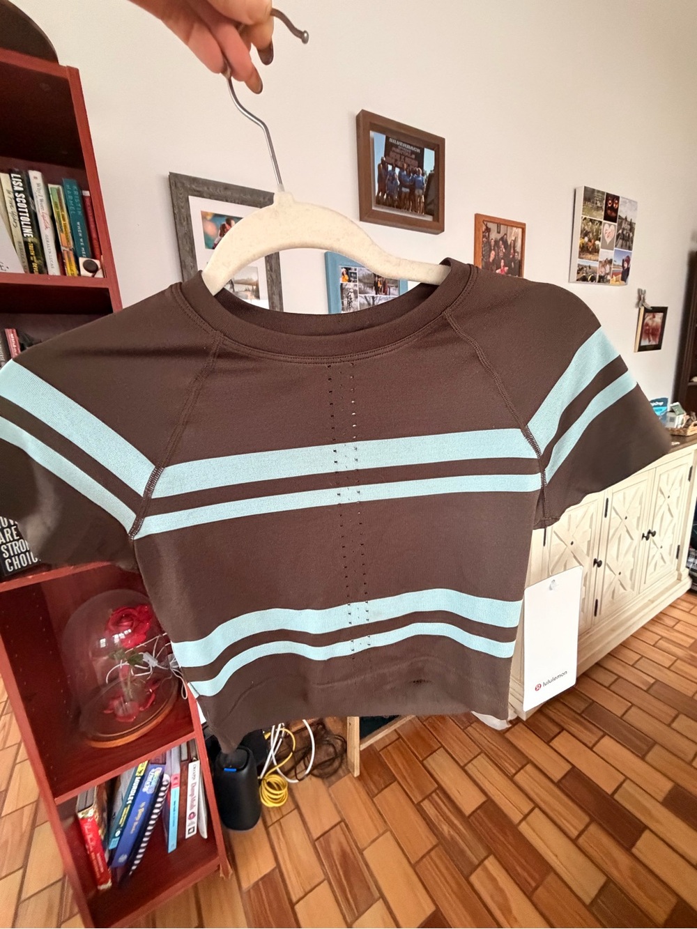 lululemon athletica Brown Crop Top with Aqua Stripes